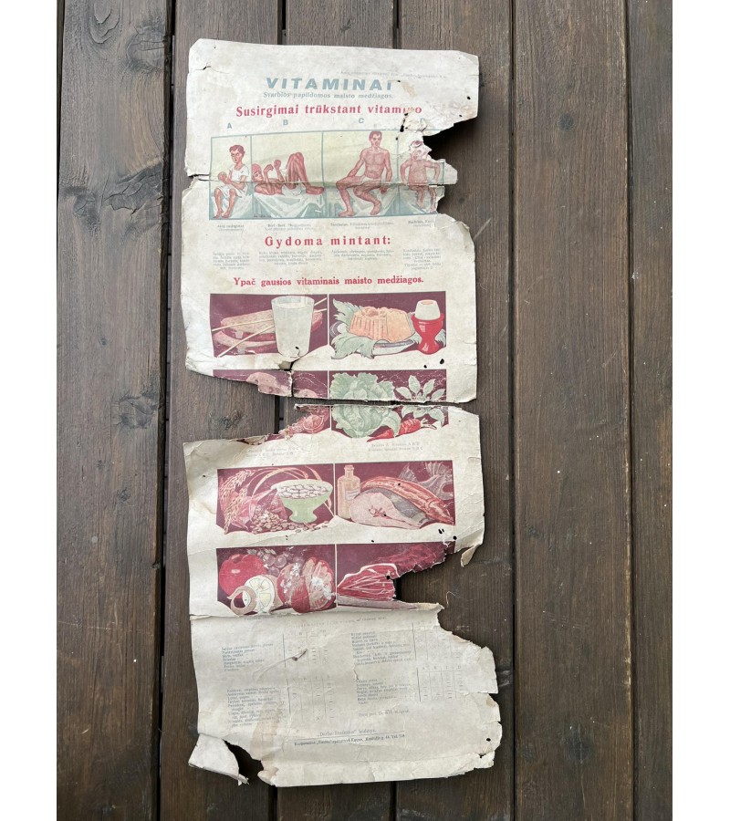 Reklaminis plakatas Vitaminai, antikvarinis, tarpukario Lietuvos, Kaunas. Dydis: 25 x 65 cm. Kaina 18