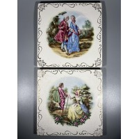 Plytelės porcelianinės vintažinės su Rokoko stiliaus paveikslėliais. Dydis: 15 x 15 cm. 2 vnt. Kaina po 13