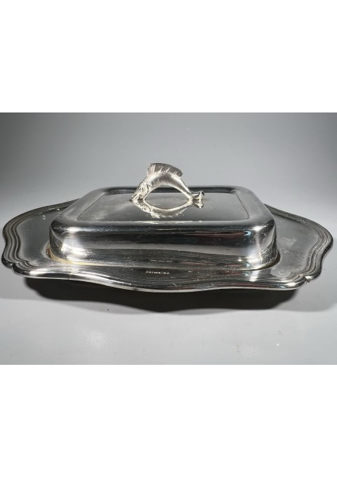Indas metalinis, sidabruotas raižytu stiklu, puoštas žuvimi. Prima N.S. Kaina 48