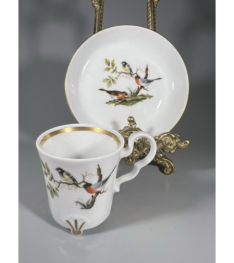 Puodelis su lėkštute porcelianiniai puošti paukščiais, espresso. Bareuther, Bavaria, Germany. Talpa 80 ml. Kaina 23