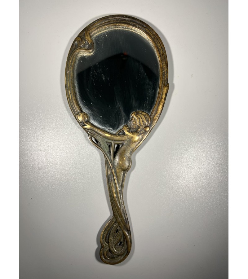 Veidrodėlis su rankena, veidrodis rankinis, bronzinis, antikvarinis, Art Nouveau stiliaus. Kaina 63