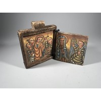 Ikona Etiopijos ortodoksų kelioninė, medinė, tapyta, su dvigubomis durelėmis, antikvarinė. Mediena, tempera, virvelės. Kaina 128