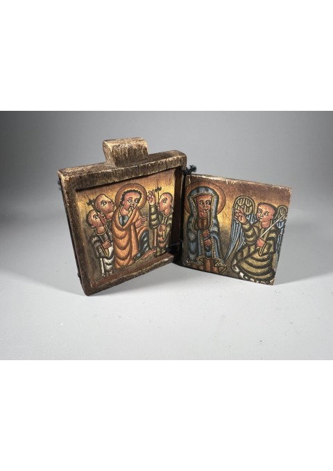Ikona Etiopijos ortodoksų kelioninė, medinė, tapyta, su dvigubomis durelėmis, antikvarinė. Mediena, tempera, virvelės. Kaina 128