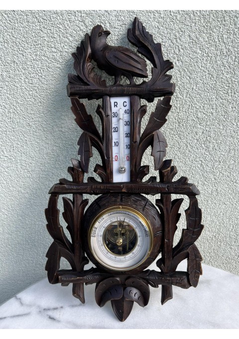 Barometras, termometras antikvarinis, medinis Secesijos stiliaus, restauruotas, Veikiantis. Kaina 83