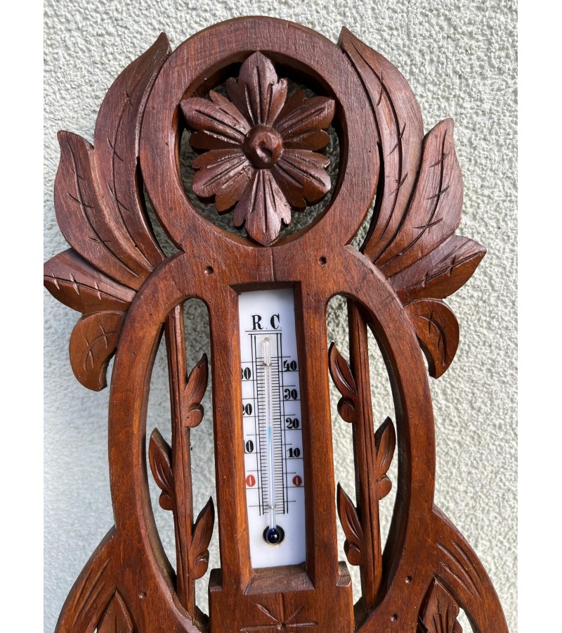 Barometras, termometras antikvarinis, medinis Secesijos stiliaus, restauruotas, Veikiantis. Kaina 73