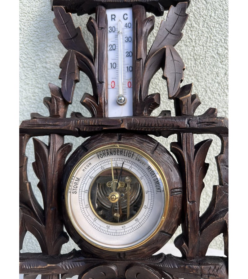 Barometras, termometras antikvarinis, medinis Secesijos stiliaus, restauruotas, Veikiantis. Kaina 83