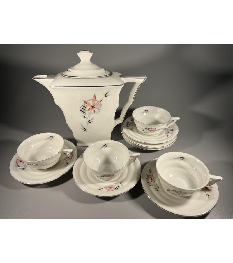 Servizas ART DECO porcelianinis, antikvarinis: kavinukas ir 4 puodeliai su 6 lėkštutėm. Tarpukario Čekoslovakija. Kaina 87 už viską