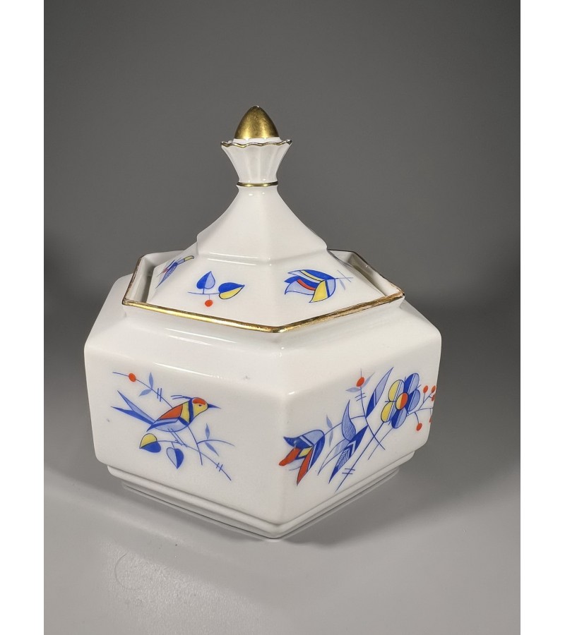 Cukrinė porcelianinė, antikvarinė Secesijos stiliaus, Ullersricht porceliano manufaktūrai, Weiden, Bavarija. 1925 m. Kaina 36