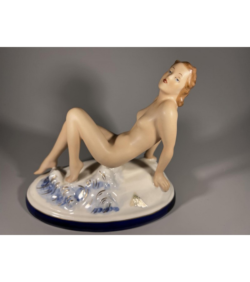 Statulėlė antikvarinė Royal Dux Art Deco stiliaus porcelianinė Elly Strobach-King figūrėlė Nuoga moteris (akt. Jean Arthur). 1930-1970 m. Kaina 287
