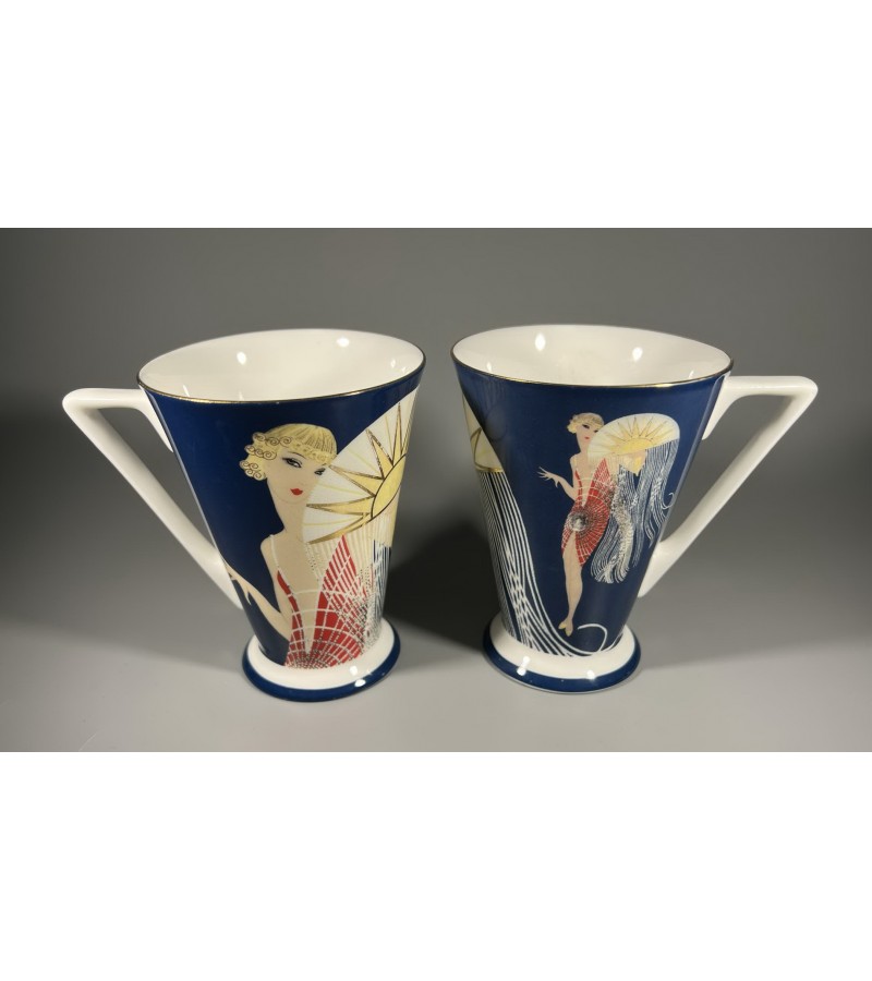 Puodeliai kaulinio porceliano Art Deco Flapper girl, 1920 m. mada. 1990 m. Talpa 300 ml. 2 vnt. Kaina po 18