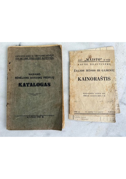 Knyga Katalogas ir Kainoraštis. 1934 m. Kaina 16 už abi. 