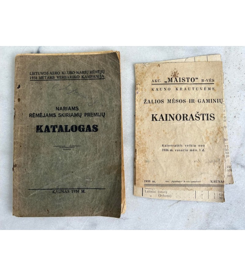 Knyga Katalogas ir Kainoraštis. 1934 m. Kaina 16 už abi. 