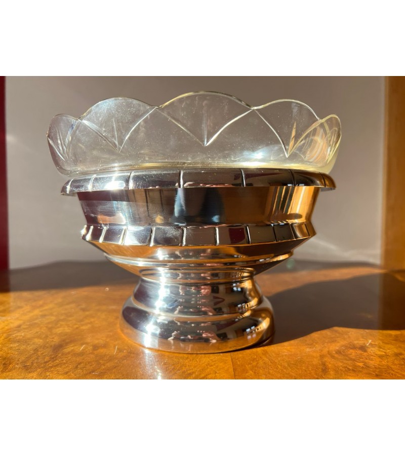 Centrinė vaza, indas sidabruotas su išimamu raižytu stiklu, antikvarinis, Art Deco, Secesijos stiliaus. Kaina 87