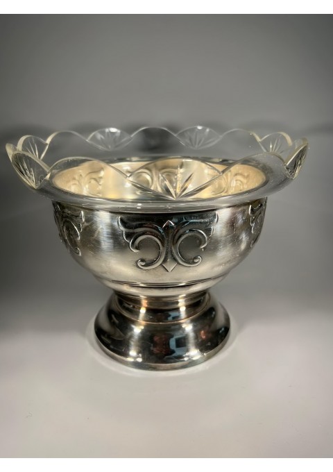 Centrinė vaza, indas sidabruotas su išimamu raižytu stiklu, antikvarinis, Art Deco, Secesijos stiliaus. Kaina 88