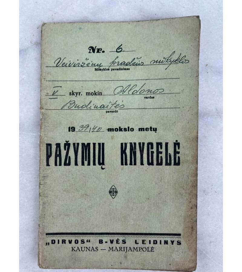 Pažymių knygelė 1939/40 mokslo metų, Veiviržėnų pradžios mokyklos. Kaina 28