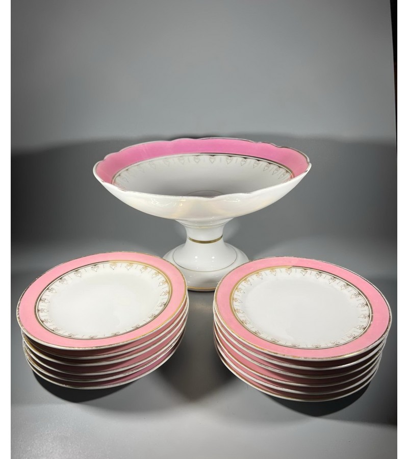 Sausaininė, saldaininė su 12 desertinių lėkštučių C.T. CARL TIELSCH ALTWASSER, 1870-1900 m. antikvarinė, porcelianinė. Kaina 83 už viską