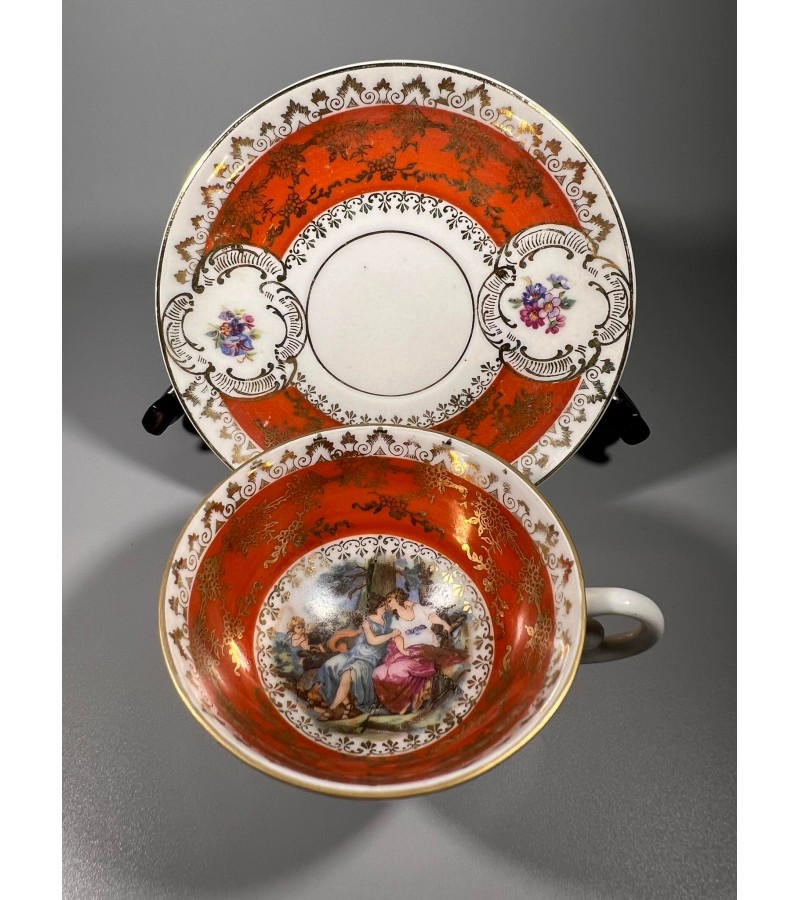 Puodelis su lėkštute porcelianiniai antikvariniai Oscar Schlegelmilch, espresso. Kaina 13