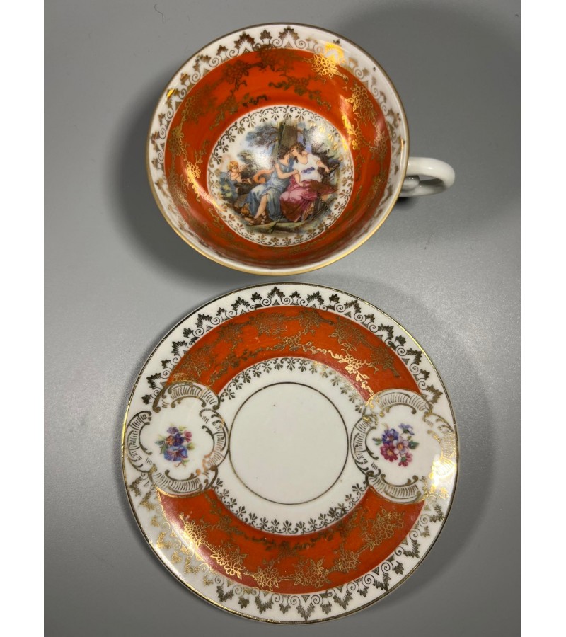 Puodelis su lėkštute porcelianiniai antikvariniai Oscar Schlegelmilch. Kaina 13
