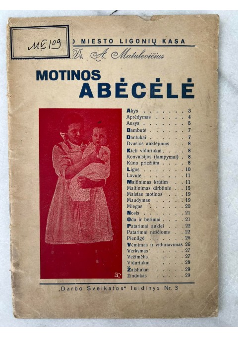Knyga Motinos abėcėlė. 1929 m. Kaina 16