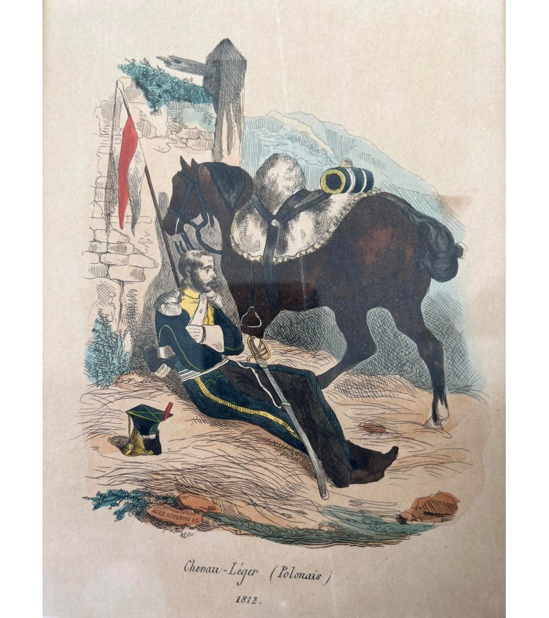 Paveikslas, grafika antikvarinė militaristine tema, Napoleono laikų. Medinis rėmelis, stiklas. Prancūzija. Kaina 68