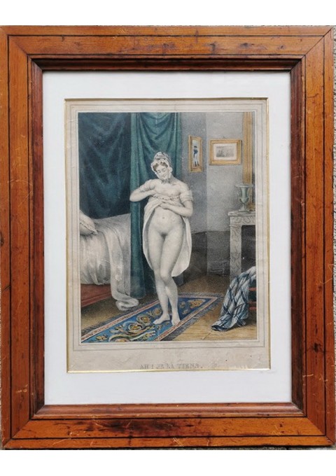 Graviūra spalvota, antikvarinė, erotine tema Moteris. Kaina 157