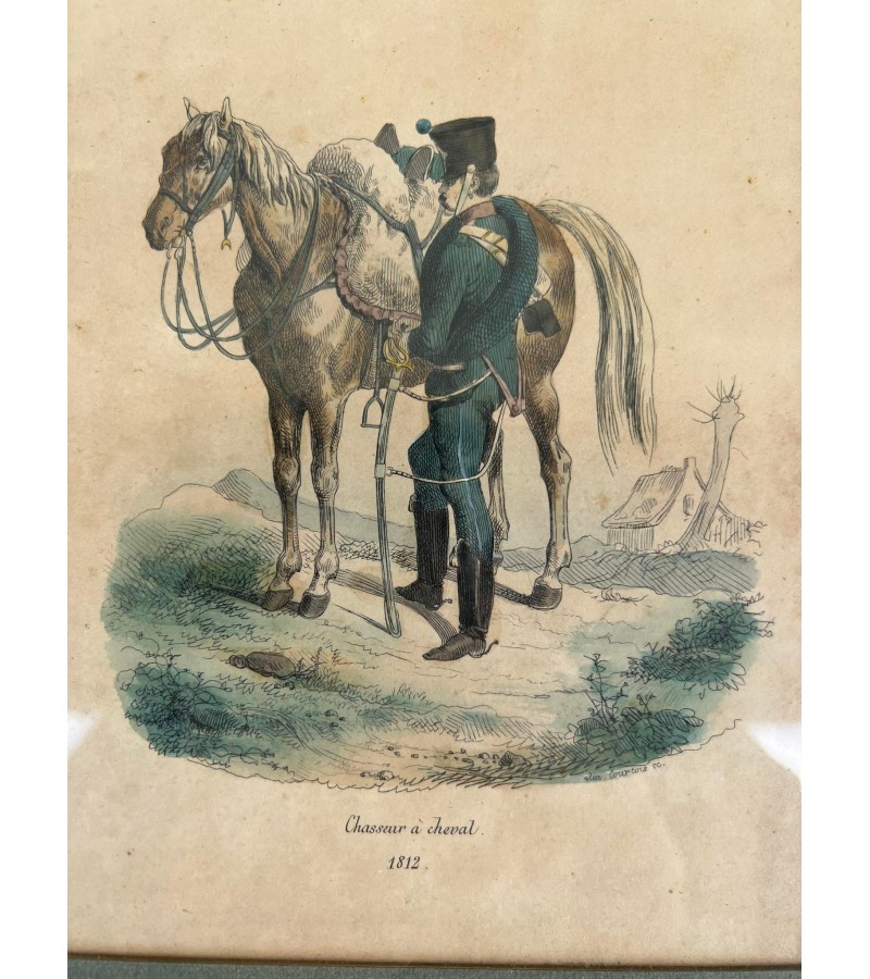 Paveikslas, grafika antikvarinė militaristine tema, Napoleono laikų. Rėmelis medinis, stiklas. Prancūzija. Kaina 68