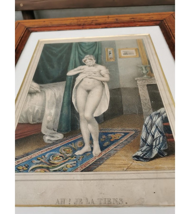 Graviūra spalvota, antikvarinė, erotine tema Moteris. Kaina 157