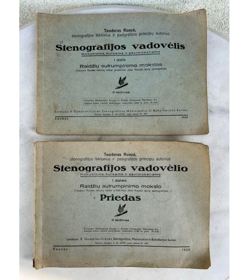 Knygos Stenografijos vadovėlis. Raidžių sutrumpinimo mokslas. Teodoras Ruozė.1939 m. 2 knygos. Kaina 28 už abi.