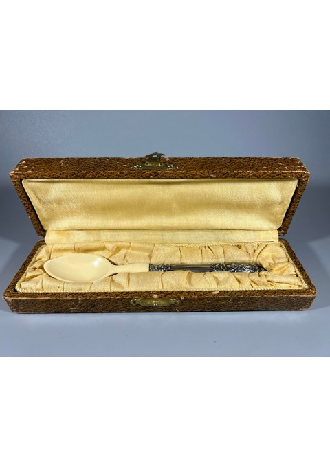 Šaukštas sidabrine rankena, kaulinis originalioje dėžutėje, antikvarinis. Prancūzija. Kaina 53 