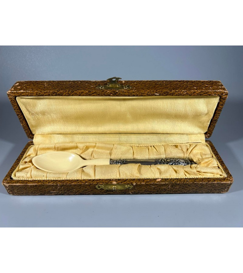 Šaukštas sidabrine rankena, kaulinis originalioje dėžutėje, antikvarinis. Prancūzija. Kaina 53 