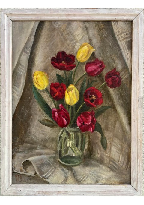 Paveikslas natiurmortas Gėlės ir pezažas bei raštas Autorė dailininkė Marija Gaidukevičiūtė-Pikšilingienė. Kaina 87 už viską.