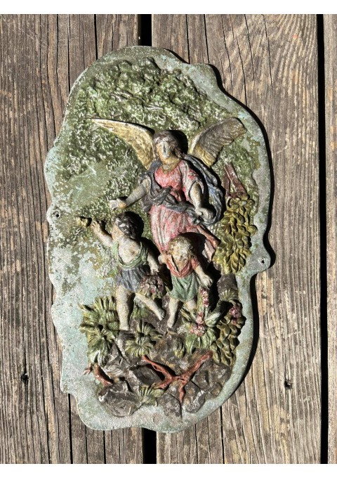 Plaketė religinė, antikvarinė, Metalinė, išlikę tapybos fragmentai. Kaina 43
