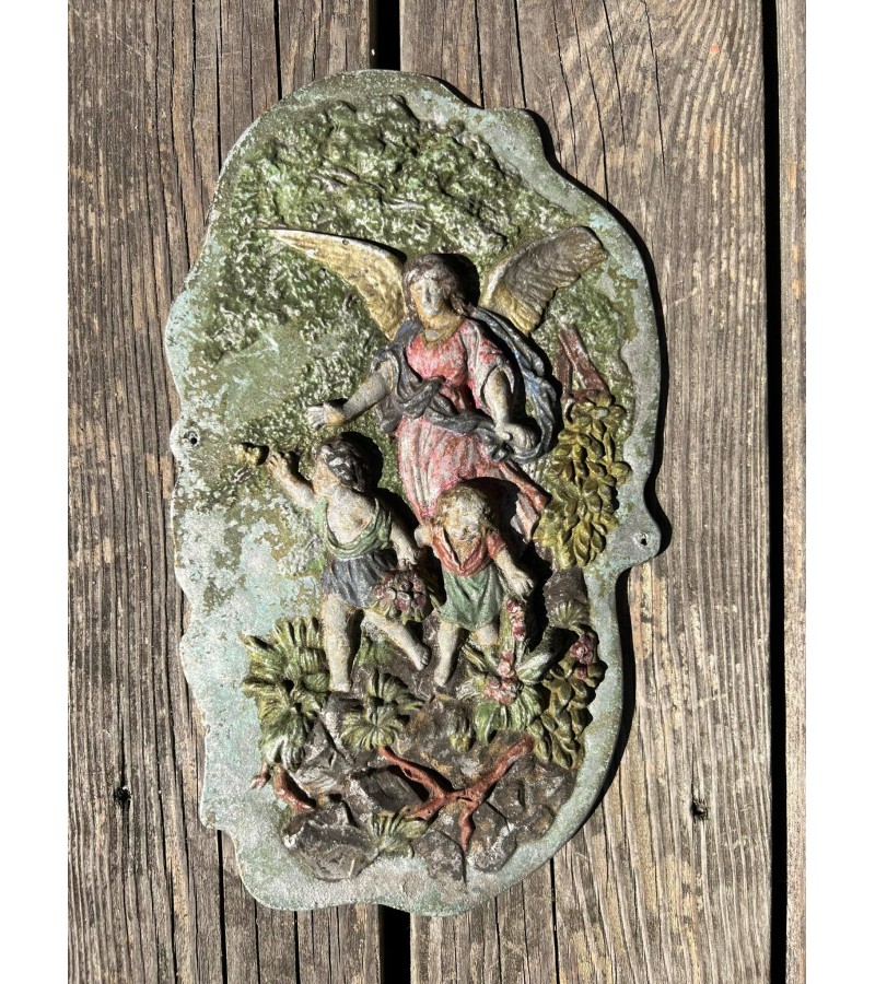Plaketė religinė, antikvarinė, Metalinė, išlikę tapybos fragmentai. Kaina 43