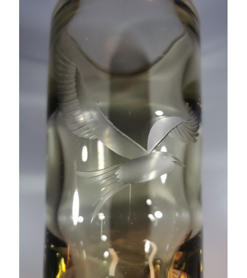 Vaza storo stiklo su paukščiu, Art Deco stiliaus, antikvarinė. Kaina 26