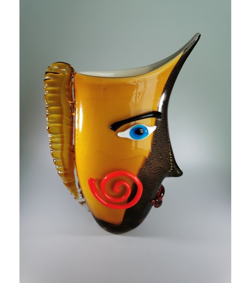 Vaza stiklinė Veidas, Pikaso stiliaus Mario Badioli, Art Glass Picasso Style Head Italian Murano Vase. Svoris 3,5 kg. Kaina 168