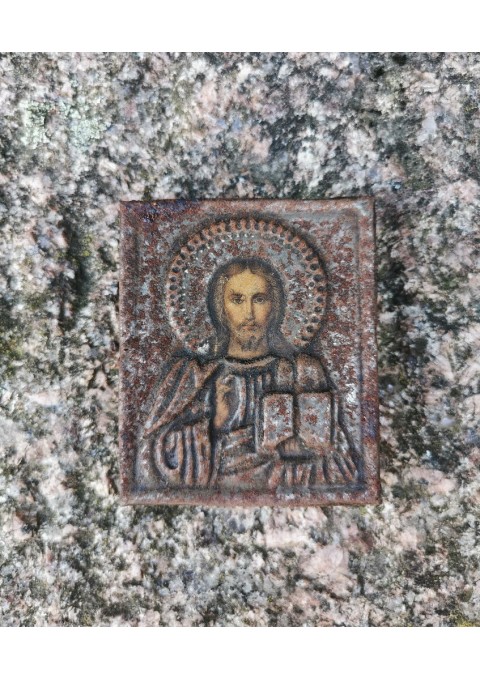Ikona antikvarinė skardinė, tapyta, mediniu pagrindu. Kaina 43