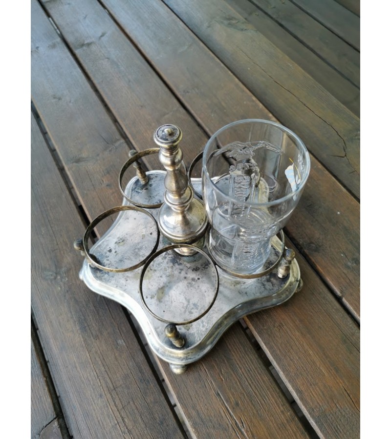 Padėklas stiklinėms, buteliukams ar pan. antikvarinis, melchiorinis (sidabruotas), apie 1860 m. Carinė Rusija, Rusijos Imperija. Kaina 173