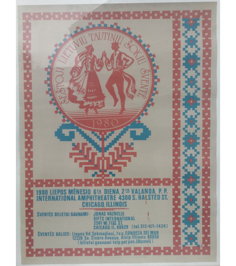 Plakatas Šeštoji lietuvių tautinių šokių šventė, 1980 m. Chicago Illinois. Kaina 157