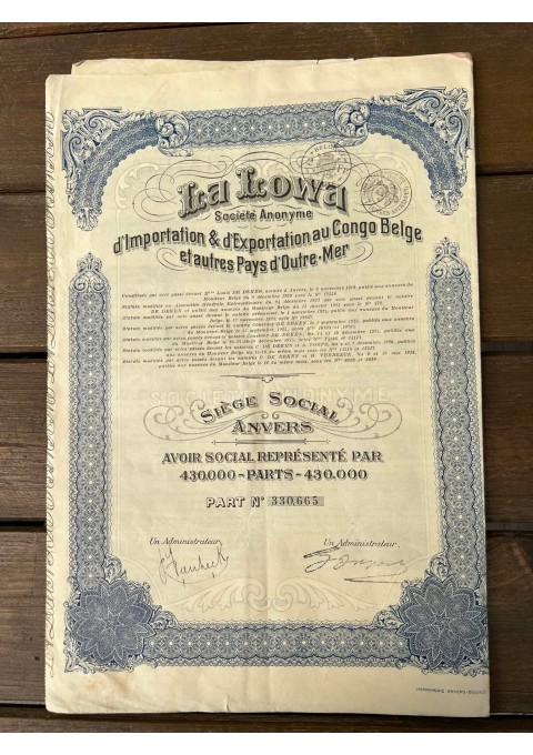 Vertybinis popierius - obligacija, 1920 m. Belgijos Kongas. D'importation d'exportation au Congo Belge gaufres Pays 'd'outre Mer. Dydis: 25 x 36 cm., perlenktos. Originalas. Kaina 28