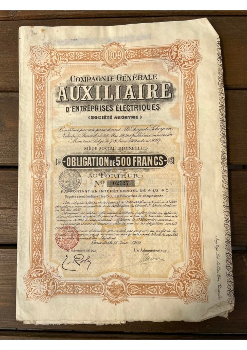 Vertybinis popierius - obligacija, 1909 m. Belgija. Obligation de 500 Francs. Bruxelles. Dydis: 25 x 36 cm., perlenktos. Originalas. Kaina 28