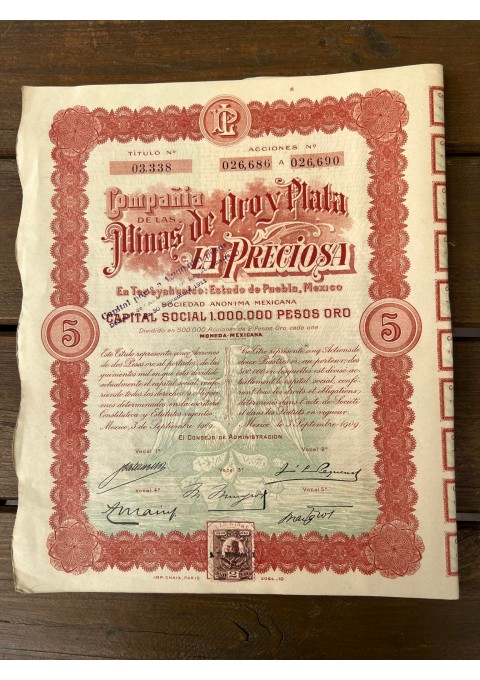 Vertybinis popierius - obligacija, 1909 m. Meksika. Capital Social 1.000.000 Pesos oro. Mexico. Dydis: 36 x 28 cm. Kaina 28