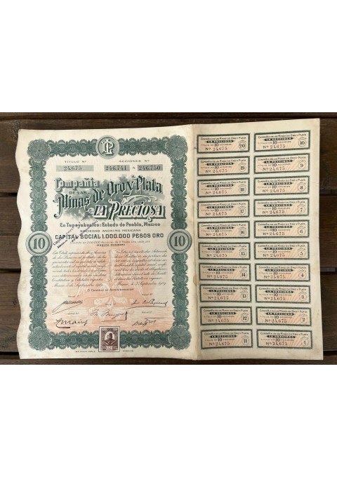 Vertybinis popierius - obligacija, 1909 m. Meksika. Capital Social 1.000.000 Pesos oro. Mexico. Dydis: 36 x 28 cm. Kaina 28