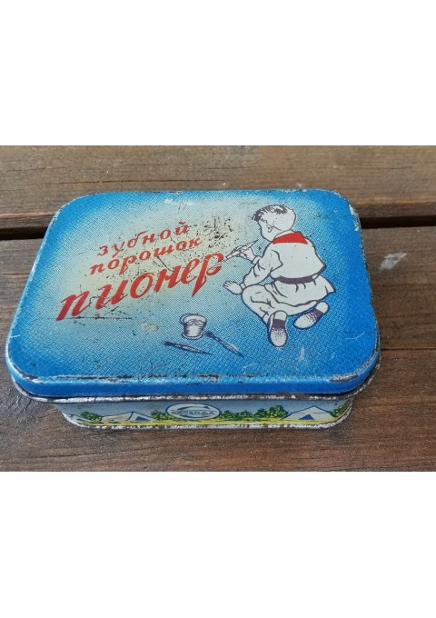 Dėžutė dantų valymo miltelių skardinė, tarybinė, sovietinių laikų Pioner. Maskva. Kaina 26