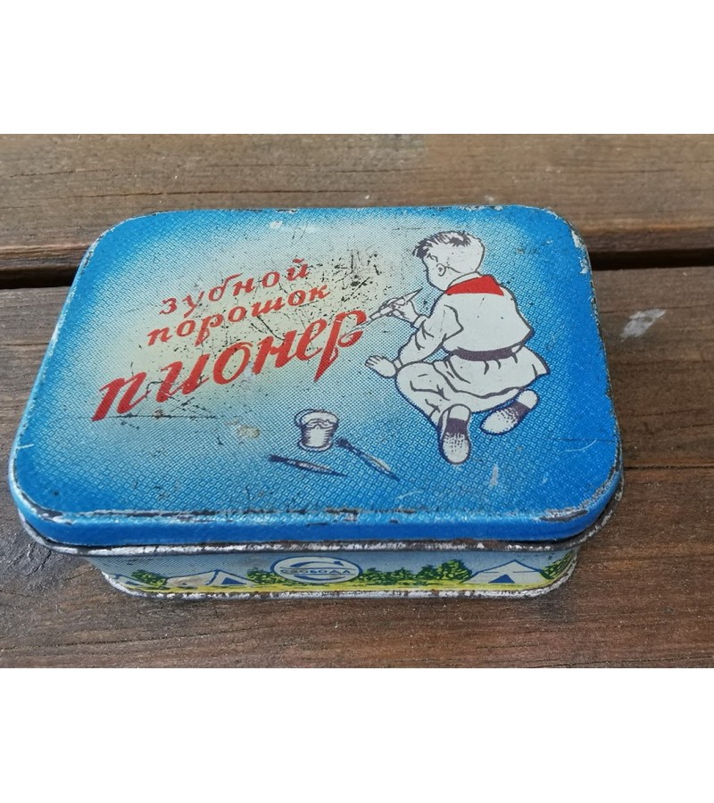 Dėžutė dantų valymo miltelių skardinė, tarybinė, sovietinių laikų Pioner. Maskva. Kaina 26
