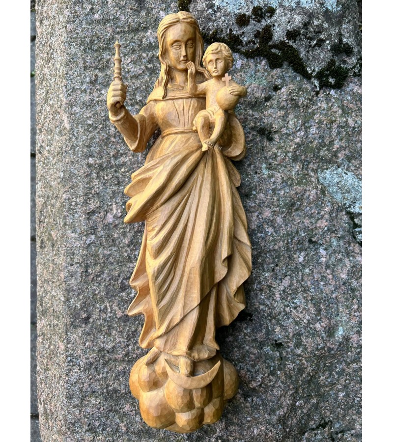 Statula medinė, pakabinama Šv. Marijos su kūdikėliu Jėzumi. Autorinė. Kaina 103