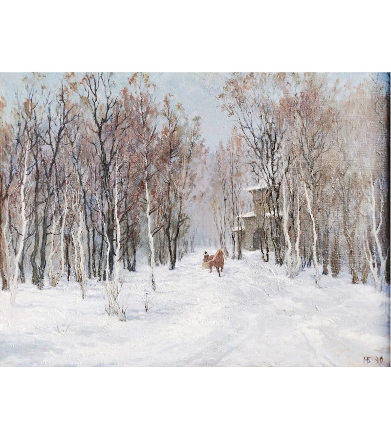 Paveikslas peizažas Žiema miške. Зима в лесу. Буилаков М.  1990 m. Aliejus, drobė. 40 x 50 cm. Kaina 187