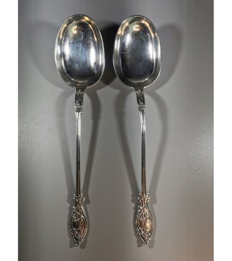 Šaukštai sidabriniai, 2 vnt. antikvariniai, vienodos formos ir ilgio (20 cm.). Abiejų svoris 76 gr. Kaina 108 už abu.