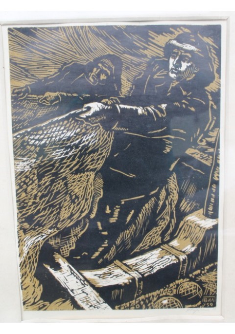Paveikslas, Lino raižinys Žvejai, Vilius Paršinas, 1959 m. Kaina 215