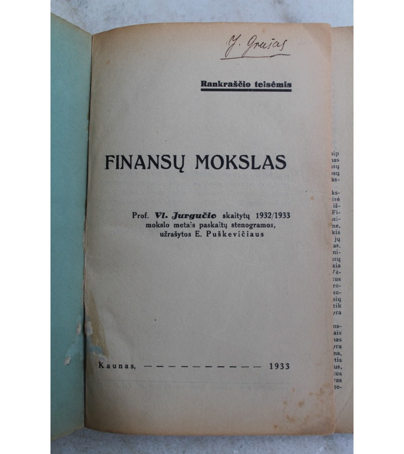 Knyga Finansu mokslas. Jurgutis.  I dalis. 1933 m. Kaina 18