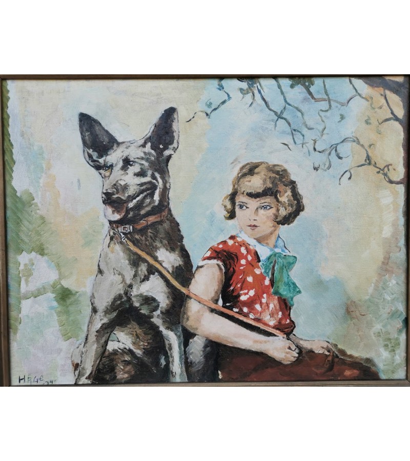 Paveikslas Mergaitė su šuniu, antikvarinis, 1934 m. Kaina 137
